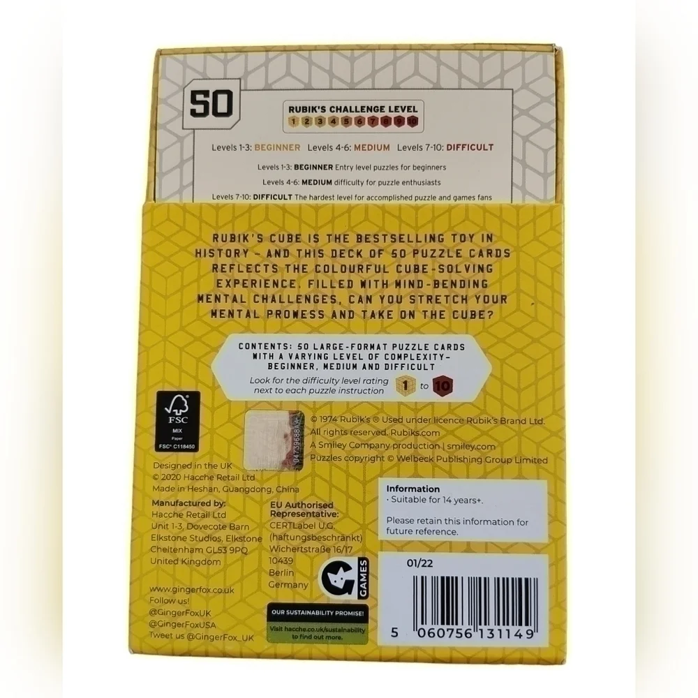 Ginger Fox Rubik's Cube 50 Puzzle Cards to Test Your Brain Power - Suitable for